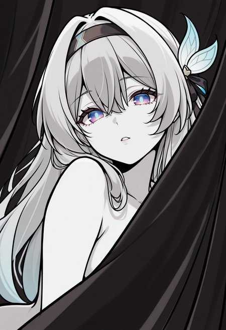 masterpiece, best quality, 1girl, solo, F1reflyHSR, blue pupils, purple eyes, blue eyes, grey hair, multicolored hair, long hair, black hairband, hair ornament, lineart, sketch, spot color, monochrome, traditional media, looking at viewer, parted lips, convenient censoring, behind curtains, covering, dark theme, high contrast, silhouette, <lora:ChamFireflyIllustriousXL:1>
