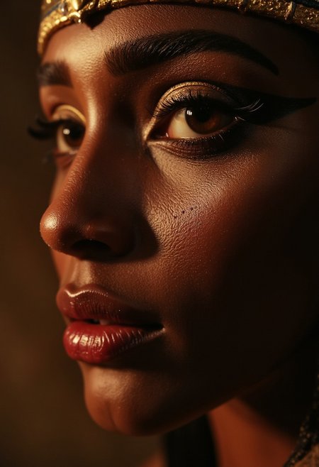 A sensual close-up portrait of Makeda, Queen of Sheba, her face illuminated with soft, golden light that enhances her regal beauty. Her lips are full and meticulously detailed, with a slight sheen of deep crimson gloss, parted ever so slightly to reveal their natural allure. Her iconic eye makeup is striking: bold, black kohl lines extend dramatically from her almond-shaped eyes, winging outward with precision to form the classic Egyptian "feline flick." A shimmering band of gold eyeshadow accentuates her eyelids, blending seamlessly into her black skin tone. Her thick, jet-black lashes curl upward, framing her penetrating gaze, which is both seductive and commanding. Tiny beads of sweat glisten on her flawless complexion, adding a subtle sensuality. Her high cheekbones are lightly brushed with a warm bronze tone, emphasizing her face's elegant structure. Makeda, Queen of Sheba look is the epitome of opulence and mystery, her beauty a timeless invitation to fascination.