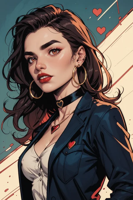 1girl, breasts, jewelry, solo, necklace, earrings, choker, long hair, no bra, realistic, brown hair, looking at viewer, black choker, brown eyes, heart, jacket, medium breasts, lips, formal, parted lips, suit, nose, collarbone, nail polish, areola slip, makeup, black jacket, upper body, piercing, blurry, cleavage, thick eyebrows, breasts apart, red lips, long sleeves, blurry background, lipstick, backlighting, teeth, black hair, red nails, hoop earrings, hand in pocket, red eyes, <lora:Expressive_H:0.5>, score_9, score_8_up, score_8_up, a_Comic_Illustration, rough lines with ink, (drawn:1.1), (sketch:1.5), (crosshatching:1.25), (comic style:1.1), graphic novel style, sharp lines, hires, zstyle, (western comics \(style\):1.1), (hatching \(texture\):1.2), zPDXL, Mr_Monster_Possitive