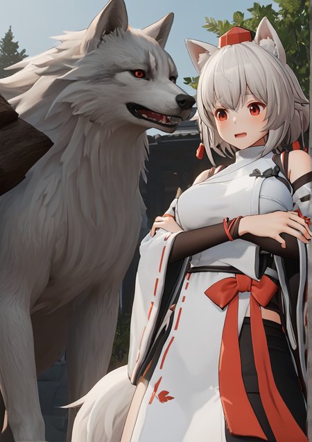 1girl, inubashiri momiji, huge breast, 3d, animal ears, arm under breasts, bare shoulders, blush, bottomless, breasts, day, detached sleeves, embarrassed, hat, implied sex, nature, open mouth, outdoors, pom pom (clothes), red eyes, ribbon-trimmed sleeves, ribbon trim, shirt, short hair, sleeveless, sleeveless shirt, solo, tail, tokin hat, tree, turtleneck, white hair, white shirt, wide sleeves, wolf ears, wolf tail,  zPDXL3  <lora:Girls_Frontline_2_Exiliumå°å¥³åçº¿2è¿½æ¾_3d_game_style:1>