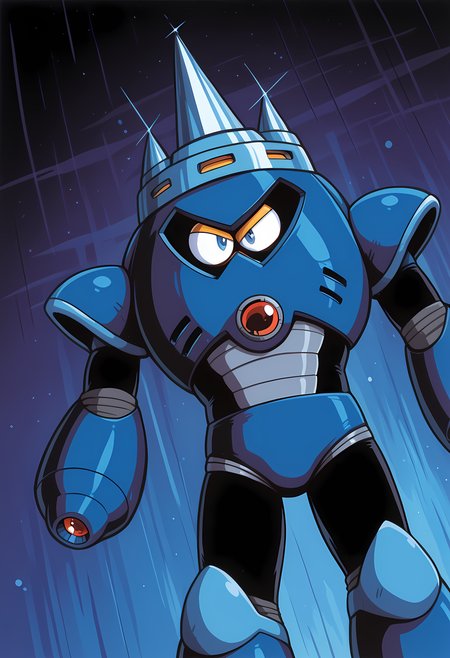 masterpiece, best quality, amazing quality, dutch angle, abstract background, BREAK
1boy, solo, male focus, mm3_needle, helmet, blue eyes, robot, mecha, BREAK
<lora:cfg_scale_boost:.6>  <lora:Needle_Man_-_Mega_Man_3_-_ILXL:1>