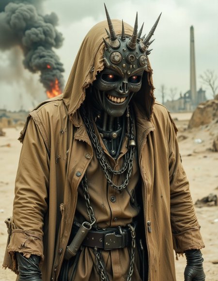 Apocalyptic Visions, nomadic executioner, burning horizon â A lone figure walks the endless wasteland, wrapped in a heavy, sand-crusted hooded cloak, the fabric stiff with dried blood and dust. The hood extends into a jagged, ceremonial design, reinforced with spikes of rusted metal and fragments of old war insignias. Where eyes should be, there is only shadow beneath the hood, but the mouth remains unsettlingly organic, a flawless row of ral-rbotth grinning beneath the cracked and peeling leather straps that bind its jawline. Thick chains hang loosely around its shoulders, dragging against the cracked earth, while in the distance, towering obelisks of black smoke rise into a sky forever lost to fire.
<lora:ral-rbotth-flux:0.8>  <lora:dark-fantasy-flux:1>