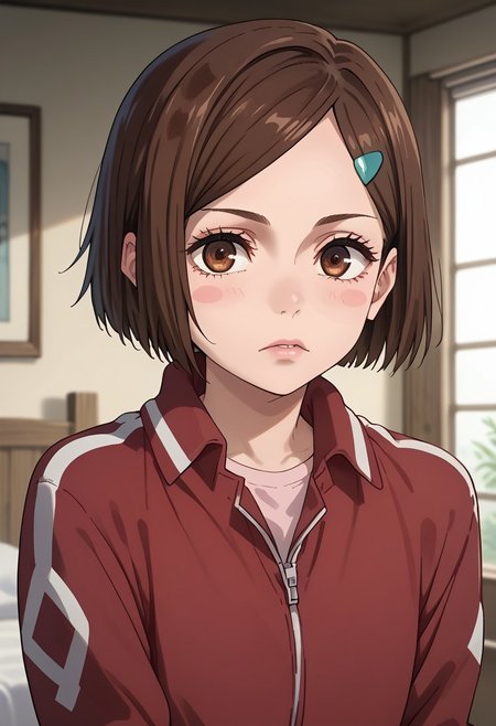 anime artwork, score_9, score_8_up, score_7_up, score_6_up, score_5_up, solo, perfect eyes, detailed eyes, beautiful female, detailed face, dynamics lines, 20 year old, perfect beautiful face, long eyelashes, sharp eyes pupils, bedroom, (upper body:1.5), flat chest, wide hips, hips,,1 girl, nobara, brown hair, short hair, blue hair clip, brown eyes, blush stickers, red track jacket, red pants,