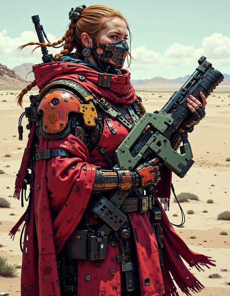 a fullb ody shot of tall vikingpunk woman holding an red mad-srgns m41a rifle, she is wearing a futuristic plate armor with face mask and red cloak that are covered in celtic runes, her ginger braided hair floats in the wind as she through a barren desert,  <lora:ck-nc-pastel-cyberpunk:1.2> <lora:fluxVikingPunk:0.6>  <lora:M41A_FLUX_000000800:0.8>