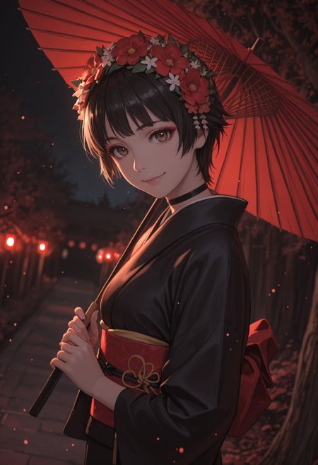 masterpiece,best quality,absurdres,highres,very aesthetic,high quality,detailed,insanely detailed,beautiful,perfect lighting, looking at viewer, looking at viewer, smile,
  <lora:Uiharu Kazari:1> 1girl, short hair, black hair, brown eyes, head wreath, japanese clothes, choker, day, hair flower, kimono, character focus, tree, sash, makeup, umbrella, red flower, nature, holding umbrella, black kimono, oil-paper umbrella, red umbrella, red theme, glowing, ,dutch angle, dark background, (night:0.8), blurry background, glowing light particles, depth of field, from side, looking at viewer,