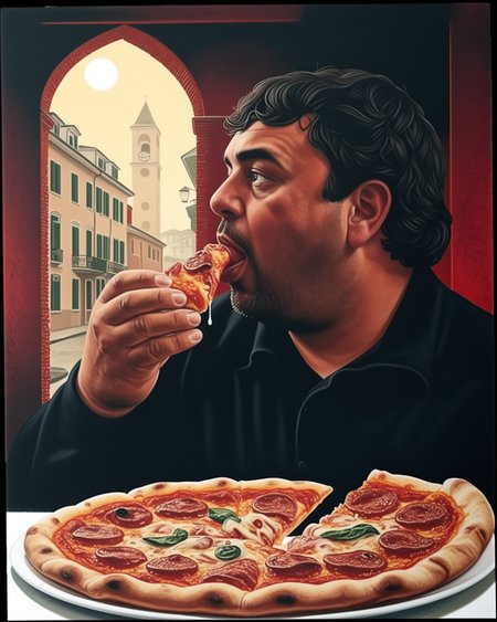Fat Man Eating Pizza, dark, esoteric, surrealistic, doviliotarot      <lora:DovilioTarot_SDXL:1.0> <lora:Emadm_SDXL:0.7>