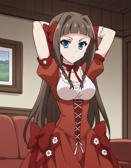 score_9, score_8_up, score_7_up, source_anime, <lora:asuka-kudou-s1-ponyxl-lora-nochekaiser:1>, asuka kudou, long hair, bangs, blue eyes, brown hair, bow, hair bow, blunt bangs, hair intakes, red bow, medium breasts,, gloves, dress, ribbon, short sleeves, choker, puffy sleeves, white gloves, puffy short sleeves, red dress, corset,, living room, sofa, TV, coffee table, decor, , hands behind head,, looking at viewer, solo,, dutch angle, cowboy shot