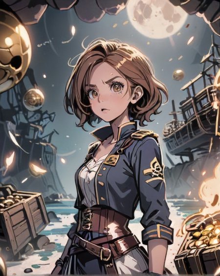 comic style, Perplexed 1girl, natural colored eyes, Shoulder-length hairstyle, dynamic pose, determined expression, <lora:EnvyDramaticPortraitXL02:0.7> , BREAK Style-GravityMagic, focus on character, portrait, (battlescars:0.7), looking up, solo,  half shot, detailed background, (<lora:CulturePunkAI_3:0.3> PiratePunkAI, pirate theme:1.1),  naval officer, skin, elaborate brown pirate sailor uniform,  cursed relic,  standing, sypglass, dark pirate cave,  bones, stacks of loot,  piles of shining golden coins,   doubloons, wooden crates, treasure chests, cannonballs, moonlight, cinematic atmosphere,
