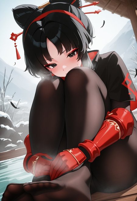 ricerice,  outdoors, undershirt, falling feathers, black bodysuit, hair stick, hugging knees, knees to chest, gauntlets, eyeshadow, red gloves, two sides up, black capelet, red hairband, black eyes, 1girl, solo, feet, visible breath, dynamic angle, foreshortening, smell, steam, onsen, water