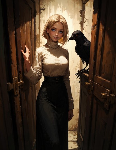 score_9, score_8_up, score_7_up, score_6_up, score_5_up, score_4_up,  1girl, blonde hair, short hair, large breasts, long hair, smile, feral, dark, doorway, raven, crow, dark corridor, long corridor