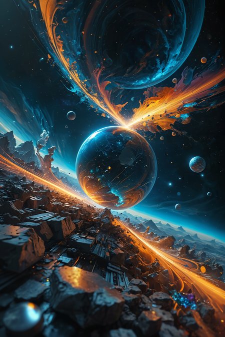 Abstract art depicting a journey at faster-than-light speeds. Yesterday is tomorrow. Space and time are bent and distorted in a surreal manner. A dance of light and shadow plays across the scene. Time stands still, and space collapses into a singular point. The composition is a mesmerizing blend of vibrant colors and dynamic shapes, creating a sense of infinite possibilities and otherworldly dimensions. The overall effect is both intriguing and thought-provoking, capturing the essence of a reality where the conventional rules of physics no longer apply.
hyperdetailed photography, masterpiece, best quality, high quality, highres, ultra-detailed, best quality, 8K, high resolution, extreme detail,
<lora:add-detail-xl:2>  <lora:MJ52:0.5>