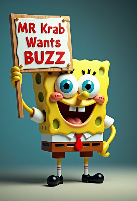Sponge bob square pants, holding a sign it says "MR Krab Wants BUZZ", source cartoon, professional, detailed,3D