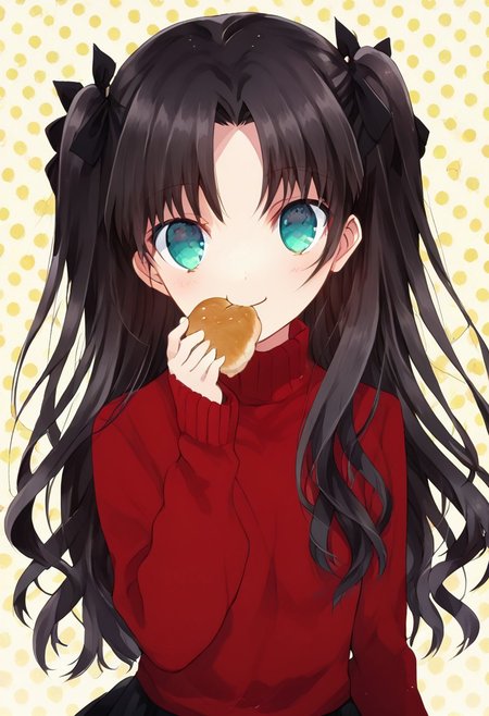 score_9, score_8_up, score_8, score_7_up, 
1girl, solo, ChopioTohsakaRin, black hair, long hair, two side up, parted bangs, hair ribbon, aqua eyes, looking at viewer, outfit_2, red sweater, turtleneck, cross, long sleeves, black skirt, pleated skirt, zettai ryouiki, black thighhighs, polka dots background, smile, eating, bread, loaf, eating, close shot, cute girl, looking at viewer, (cowboy shot:1.1),
cute, kawaii, hearts,