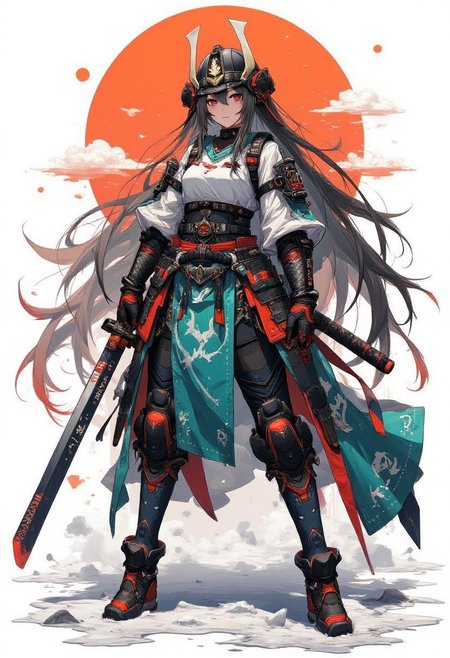 concept art, fda77, a stunning japanese female warrior, long flowing hair, wearing samurai armour and helmet, holding a katana with both hands on a snowy battlefield, theme in vibrant orange, teal, red and black colour, high quality, highly detailed, red and black colour theme