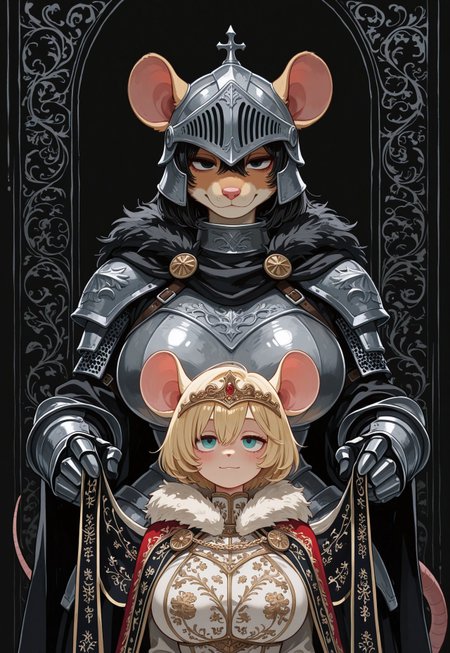 newest, very aesthetic, 
 score_9, score_8_up, score_7_up, high quality, newest, highres, close up, 2 ratgirls, 2 girls, fur around neck, armored, female knight, royalty, flanked by guards in armor, (furry), curvy, bashful, very short hair, side by side,  honeyblonde fur, rat tail, rat ears, (huge breasts),  holding banner, flowing cape, facing viewer, long banner flowing, blushing, light smile, curvy, seductive gaze, lidded eyes, glamorous armor, (large breasts:2), castle in background, castle town, portrait,
,  black lighting, thin white outline, (sharp detail), masterpiece ,amazing quality, (intricate details:2) ,