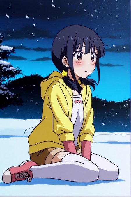 masterpiece, best quality, anime screencap,  Ruri Akutsu, hood, hoodie, shorts, white thighhighs, snow, soft particles, night, wind, outdoors, sitting, sky, solo, wariza, shy, blush,  <lora:JN_Ruri_Akutsu_Illus:0.8>
