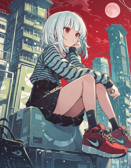 masterpiece,  best quality, newest, highres, absurdres,   <lora:Yak4n2gou_illu:1>,Yakan2g0u_illu, 1girl, skirt, shirt, socks, eyes, solo, striped shirt, striped, shoes, medium hair,hime cut, long sleeves,nike_sneakers, red eyes, sitting, short hair, white hair, moon, bangs, black skirt, building, limited palette, red footwear,red background, green_theme,
