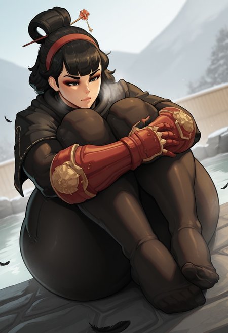 jujunaught,  outdoors, undershirt, falling feathers, black bodysuit, hair stick, hugging knees, knees to chest, gauntlets, eyeshadow, red gloves, two sides up, black capelet, red hairband, black eyes, 1girl, solo, feet, visible breath, dynamic angle, foreshortening, smell, steam, onsen, water