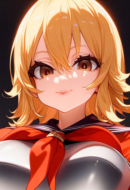 (masterpiece:1.2, best quality), (finely detailed eyes: 1.2) (ultra-detailed, hires), (detailed face, detailed eyes), (best illumination), detailed glow, high contrast, looking at viewer, solo, smile, closed mouth, 1girl, huge breasts, wide hips, thick thighs, centurii-chan, blond hair, brown eyes, hair between eyes, medium hair, fluffy hair, bangs, armor, ((breastplate)), dress, neckerchief, red neckerchief, red dress, short dress, short sleeves, pink lips, skindentation, no background, empty background, (((face shot))), (masterpiece, best quality, very aesthetic, absurdres), (ultra detailed perfect piece:1.2), illustration, masterpiece, (extremely detailed CG 8k), (very fine 8K CG), <lora:add-detail-xl:-1>