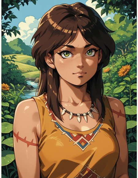 Tribal style, score_9, score_8_up, score_7_up, score_6_up, score_5_up BREAK ot0m, 1girl, green eyes, brown sidelocks hair, looking at viewer, <lora:OtaKingMondayAshlinPDXL16v1.6tx1-000008:0.9>, Indigenous, ethnic, traditional patterns, bold, natural colors, highly detailed