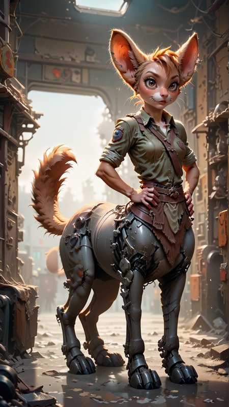 score_9, score_8_up, score_7_up, score_6_up,  <lora:CentaurPDXL:1> centaur, feline centaur,  Tramp (from "Lady and the Tramp"), , (blushing:0.3), in location: mechanical zoo, full body, Hands on Hips
