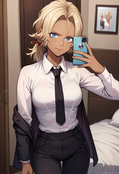 score_9, score_8_up,score_7_up, source_anime, 1girl, solo, <lora:EPfeCatherinePony:1.0>, EPfeCatherine, blonde hair, blue eyes, long hair, ponytail, hair ribbon, dark-skinned female, dark skin,   business suit, black pants, white collared shirt, black suit, black jacket, black necktie, selfie, taking picture, mirror selfie, bedroom, bed, mirror,