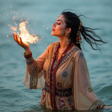 professional photograph. highly detailed. 
45yo akhovia woman in traditional clothes standing in water and praising (the_wind | the_water | the_fire | the_earth) with a gesture that conjures up the four elements in a explosion of the elements.