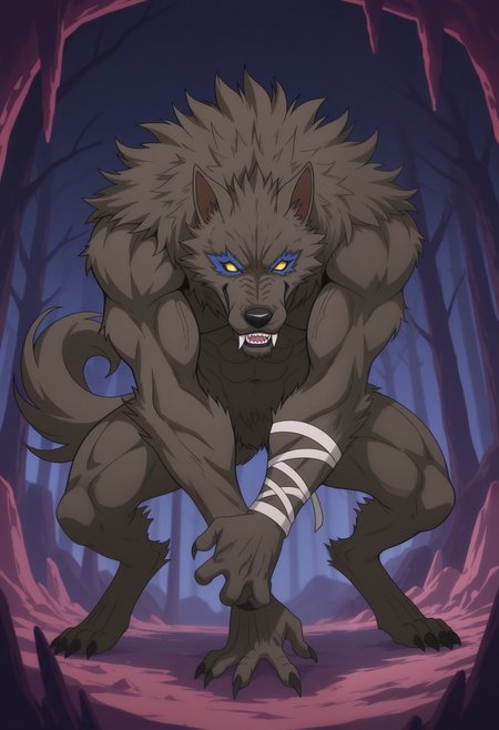 masterpiece,best quality,amazing quality, 1boy, solo, b0ssK, werewolf, brown fur, colored sclera, no pupils, arm wraps, tail, full body,