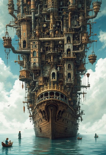 A huge ship-castle, where my sister and I are rulers in another fantasy world like Narnia. Figures made of pipes, lots of rooms and long corridors. Strange arrangement of interior items (on the ceiling, on the walls).