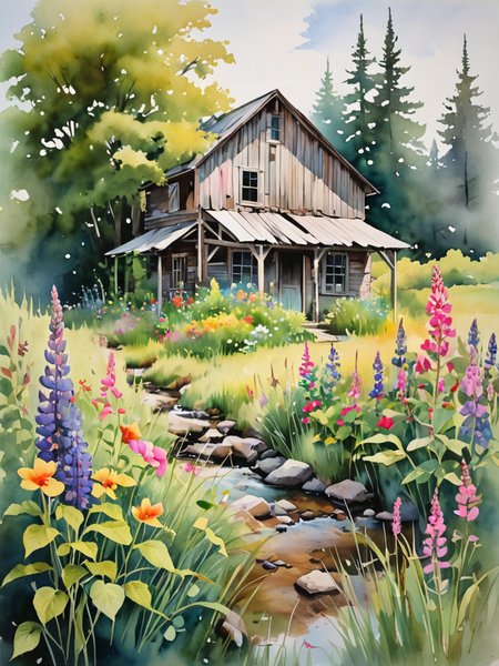 In this evocative watercolor scene, the abandoned shack is unexpectedly adorned with a wildflower garden, its untamed beauty encircling the structure like a vibrant embrace. The soft, watery hues of the flowersâranging from the delicate pinks of wild roses to the deep purples of lupinesâcreate a contrast against the shack's weathered grays and earthy browns. This garden, a riot of color amidst the greens of the surrounding wilderness, whispers stories of resilience and rebirth. The fluidity of watercolors perfectly captures the ephemeral nature of the blooms, with each petal and leaf blending seamlessly into the next, creating a dreamlike quality. Light washes of green suggest the lushness of the grass, interspersed with the vivid colors of the garden, while the nearby stream mirrors the sky's soft pastels. In this painting, the emphasis is on the juxtaposition of decay and growth, highlighting the beauty that thrives in abandonment, all rendered in the luminous, transparent layers that only watercolors can achieve