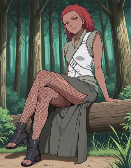 masterpiece,best quality, absurdres, highres,  <lora:Karui Illu:1> karuiillu, green shirt, grey long skirt, white vest, earrings, looking at viewer, sandals, fishnet pantyhose, outside, forest, sitting, crossed legs, side slit