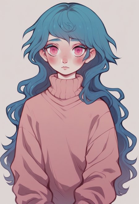 score_9, score_8_up, score_7_up, score_6_up, score_5_up,   <lora:DKXLP:1> dk, 1girl, long hair, blush, blue hair, sweater, pink eyes,