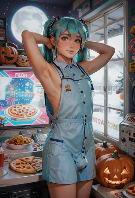 score_9, score_8_up, score_7_up, by3fr0g, solo, 1boy, femboy, hatsune miku, ultra detailed, pumpkins, moon, cowboy shot, hand behind head, armpit, cute pose, employee uniform, neon, pizza, tickets, fluorescent colors, arcade room, window, snow, night