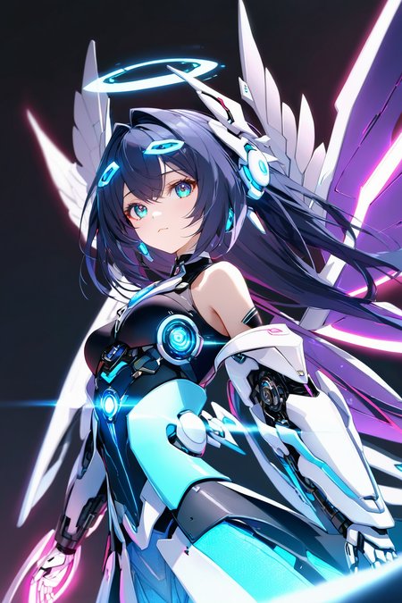 Jed-rbt, seraph, 1girl, cinematic angle, :3, looking at viewer, scifi hair ornaments, energy hair, brooch, sleeve, cape, mechanical wings, screws, cables, led lights, glowing, Futuristic, chromatic aberration, Kawaii, [(blue-white background:1.2)::0.2], (neon luminescence background:1.2), illustration, incredibly absurdres, ultra detailed, masterpiece, best quality,[<lora:detailed_notrigger:0.95>::0.5], [:<lora:detailed_hands:1.05>:0.5],<lora:RoboStyle:1>