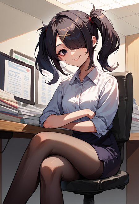 score_9, score_8_up, source_anime, 1girl, solo, AmeChan, black hair, black eyes, medium hair, twintails, hair over one eye, x hair ornament, indoors, office lady, office chair, sitting, crossed legs, miniskirt, black pantyhose, dress shirt, smile, <lora:ChamKAngelPonyXL:0.8>
