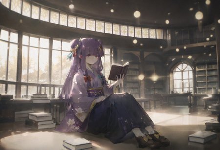 volumetric lighting, ambient occlusion, luminescent background, masterpiece, very awa,library,indoors, a girl sitting and holding a book, beam of light, light through window
BREAK
 patchouli knowledge, 1girl, solo, purple eyes, purple hair, long hair, sidelocks,, patchouli knowledge \(great library at the hieda residence\), alternate costume, no headwear, hair bun, double bun, hair ornament, blue bow, yellow bow, red bow, aqua bow, crescent hair ornament, purple kimono, floral print, long sleeves, wide sleeves, yellow obiage, purple obi, hakama skirt, footwear bow, brown boots, holding book,