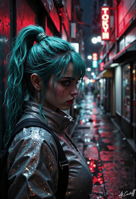 Neon Requiem. The alleyway kneels before herâwalls buckling under the 35mm fisheyeâs distortion, gravity itself drunk on the Dutch tilt. Rain hangs in jagged streaks, frozen by the shutterâs split-second scream, each droplet a shattered prism reflecting neon ghosts: TOKYO 9:37PM bleeds upside-down in the pistolâs chrome finish. Her turquoise hair is a live wire in the static-charged air, emerald eyes locked on a flickering signâits fractured glow painting her silver jumpsuit in liquid poison greens. The f/1.4 depth of field turns the world beyond her gunâs sights into a fever-dream blur, where puddles eat the sky whole and the stench of burning rubber crawls up your spine., fg<lora:CustomFlux/MysticFantasy.safetensors:0.5000000000000001:0.5000000000000001> <lora:Flux/Stylized-Super-Texture.safetensors:0.5000000000000001:0.5000000000000001> <lora:CustomFlux/MysticRealism.safetensors:0.7500000000000001:0.7500000000000001>