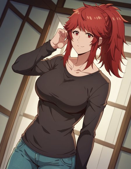 score_9, score_8_up, score_7_up, source_anime, <lora:akemi-aizawa-s1-ponyxl-lora-nochekaiser:1>, akemi aizawa, red eyes, red hair, medium hair, ponytail, large breasts,, shirt, long sleeves, collarbone, black shirt, pants, denim,, indoors, smile, looking at viewer, solo,, cowboy shot, dutch angle