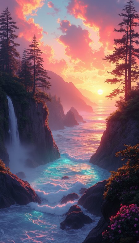 A breathtaking landscape showcasing a vibrant sunrise over rolling hills and dense forests. Daytime scene: a mist-shrouded clifftop with cascading waterfalls plunging into an iridescent sea. Towering ancient redwoods stand silhouetted against a sky streaked with cirrus clouds that diffract sunlight into vivid colors. The mist weaves prismatic effects through the air, while iridescent insects flutter, their wings leaving shimmering trails. Crystal-clear tidepools mirror the vibrant sky, brimming with colorful marine life. Rendered in a fusion of Art Nouveau and digital painting styles, featuring flowing organic lines and intricate patterns. Atmospheric perspective deepens the scene, with distant cliffs fading into a hazy horizon. Bright daylight bathes the landscape in rich, warm tones, with hyper-detailed textures and volumetric lighting enhancing the misty ambiance. 8K resolution., Rembrandt lighting, brush stroke, lovely, novuschroma, in the style of Rembrandt. del1cate_balance style, vantablack
  , dynamic pose
  

 
(Depth of field), low saturation,detail. mythp0rt, charismatic.

  

  
