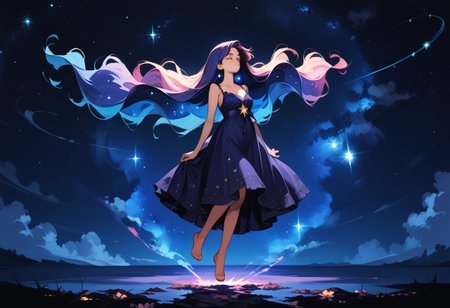 score_9, score_8_up, score_7_up, score_6_up, 1girl, ethereal, rated_safe, full body, floating, celestial beauty, fetal position, slinky night gown made of cosmic dust, swirling clouds of dark matter enfold her,  cosmic background,trippy pink stars, shooting stars