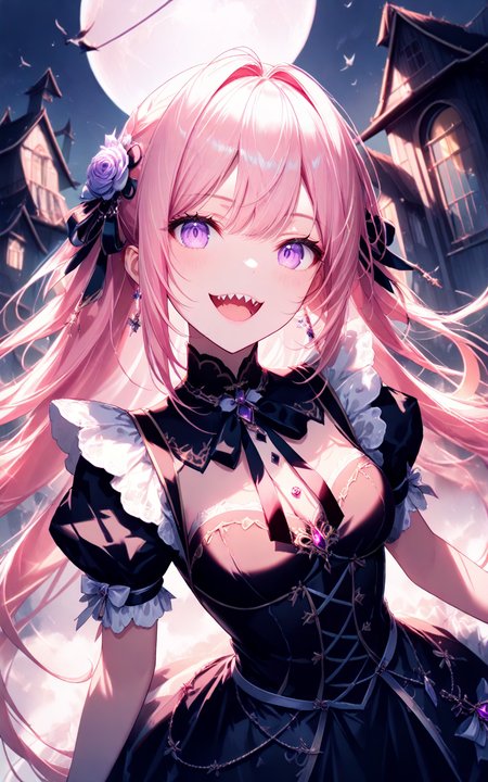 cowboy_shot,dutch angle,civchan,pink hair,purple eyes,creepy girl,glowing eyes,sinister smile,sharp teeth,(cat_pose),evil grin,gothic,eerie cemetery,night mist,horror lighting,black dress,dramatic eye focus,spooky expression,realistic face,pale skin,long flowing hair,ultra-detailed,(masterpiece:2),(best quality:1.1),Cinematic Lighting,(illustration, 8k CG, extremely detailed),<lora:civichan-base-01-XL:0.9>,<lora:detailed_notrigger:1>,<lora:xl_more_art-full_v1:0.8>,
