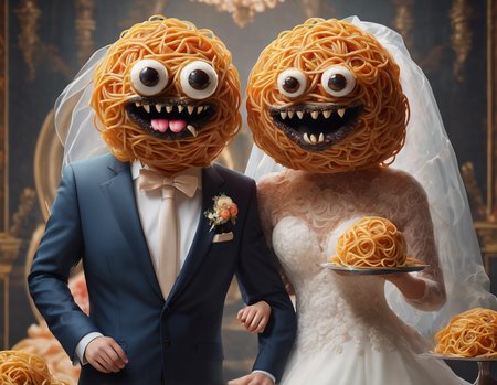 a monster made of spaghetti wearing groom suit and a meatball wearing wedding veil, anthropomorphic, glamorous detailed wedding background food, digital 3d cartoon illustration style,