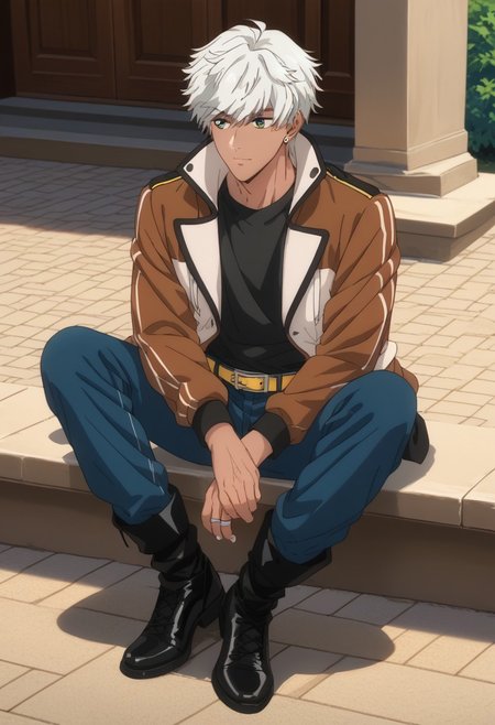 score_9, score_8_up, score_7_up, source_anime, rating_safe, Mamobey, 1boy, male focus, anime screencap, brown-white jacket, black shirt, blue pants, yellow belt. black shoes, sitting