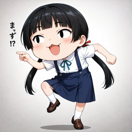 masterpiece, best quality, high quality, highres, absurdres, insanely detailed, amazing quality, very aesthetic, newest,  Anime screencap, zPDXL3, sfw,
<lora:Hyper-SDXL-8steps-lora:1>, <lora:StS-Illustrious-Detail-Slider-v1.0:3>, <lora:illustriousXL_stabilizer_v1.7:0.8>,
1girl, black hair, bangs, Straight bangs, blunt bangs, hime cut, long hair, straight hair, low twintails, long pigtails, hair tie,
dress, blue dress, white blouse, neck ribbon, bule ribbon, suspenders, suspender skirt, white socks, shoes, Loafer,
<lora:genba_neko_like_IL_v1:1>
genba_neko,chibi,pointing,standing on one leg,:3,open mouth,meme,parody,simple background,white background,
onomatopoeia, sound effects, Japanese language, japanese text,