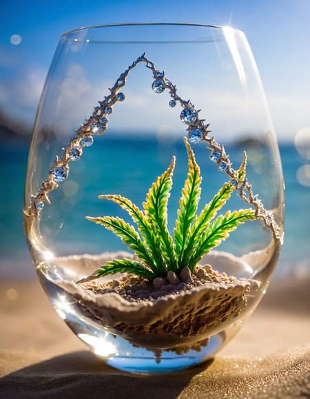 clay art art, a small plant  in side a glass wine, shine bright like a diamond, find light in the beautiful sea
depth of field, very detailed  texture