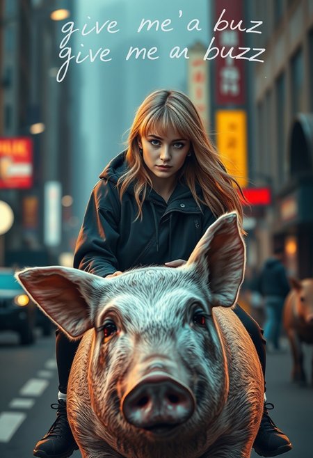 ultra-realistic 8k, girl riding a pig, high detailed, high quality,“give me a  buzz” above Writing in the air, font size is small,masterpiece, quality highlights, 8k detail, detailed background, dynamic view, ultra-detailed, score_9, score_8_up, score_7_up, score_6_up,masterpiece, (best quality), highly detail, sharp, detailed,higher resolution textures, 4k graphic resolution,1girl, solo, Ashley Graham, beautiful girl,upper body,perfect eyes, goth girl,black eyes,shiny skin, blush ,sad smile, medium hair,blonde hair, diagonal bangs ,Red eyeshadow, long eyelashes , upturned eyes , black basketball shoes, over size hoodies,hood up,black baggy pants,Red eyeshadow, long eyelashes , upturn,ral-exposure,front view, cowboy body,at city street
