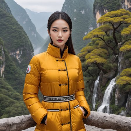 ((cute woman Shaolin Monks  costume)) wearing a long knee length moncler_hermine jacket , hyperdetailed photography,4k textures,intricate details,4k resolution   ,  <lora:moncler_hermine_v1_r2-000007:0.3>,