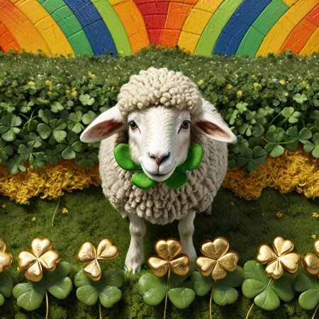 close-up of sheep grazing, detailed wool texture, four-leaf clover, pot of gold at the end of a rainbow, leprechaun hat, playful atmosphere, traditional Irish symbols, hyperrealistic, festive