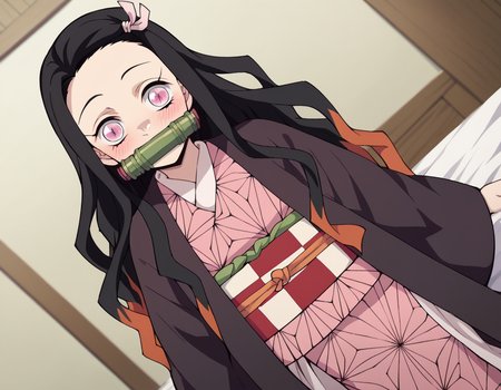 score_9, score_8_up, score_7_up, source_anime,
nezukokamado, <lora:nezuko-kamado-anime-ponyxl-lora-nochekaiser:1>,
nezuko kamado, black hair, forehead, hair ribbon, long hair, multicolored hair, pink eyes, orange hair, slit pupils, wavy hair, two-tone hair,
bamboo, bit gag, gag, gagged, asa no ha \(pattern\), checkered sash, haori, japanese clothes, kimono, long sleeves, obi, pink kimono, sash, wariza, wide sleeves,
indoors, bed, bed room, on side, blush, drunk,
solo, dutch angle, looking at viewer, cowboy shot,
