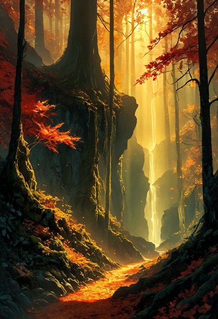 masterpiece, epic shadow, vivid colors, deep shadows, high contrast, absurdres, epic resolution, epic clarity, epic details, low angle, close up,fantasy landscape, ancient forest, gigantic oaks, old gnarled trees trunks, immense tree canopy dominating the infinite landscape, misty mountains at the horizon, valleys, waterfall, Sunbeams break through the canopy, casting ethereal light beams that highlight the timeless beauty ,The scene feels both ancient and alive, as though the trees are the guardians of the changing seasons. chiaroscuro, misty, golden light of dawn, magical whispering magic, mossy, glistening bark, cracked bark, transluscent autumn leaves, vines, yellow bioluminescent pollen dust catching the light, dreamcatcher, roots, branches, red leaves, ocre leaves, orange leaves, dark red leaves, misty forest, macro shot, chiaroscuro, god rays, Lushy misty fantasy forest in the background, backlit, glow hyper realistic, natural soft rim light, cinematic lighting, (sharp focus,absurdres,high quality,masterpiece,highres,best quality:1.5), ethereal landscapes, dynamic light, depth of field, biotech emotion: PEAnimeBG, Background, phtorealistic scenery, Magical Autumn.  cyberpunk, aidma-niji